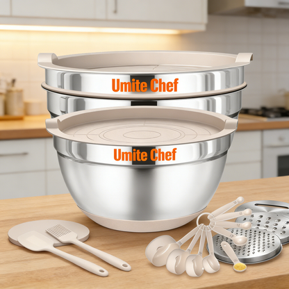 Stainless Steel Mixing Bowls Set with Airtight Lids & Kitchen Accessories