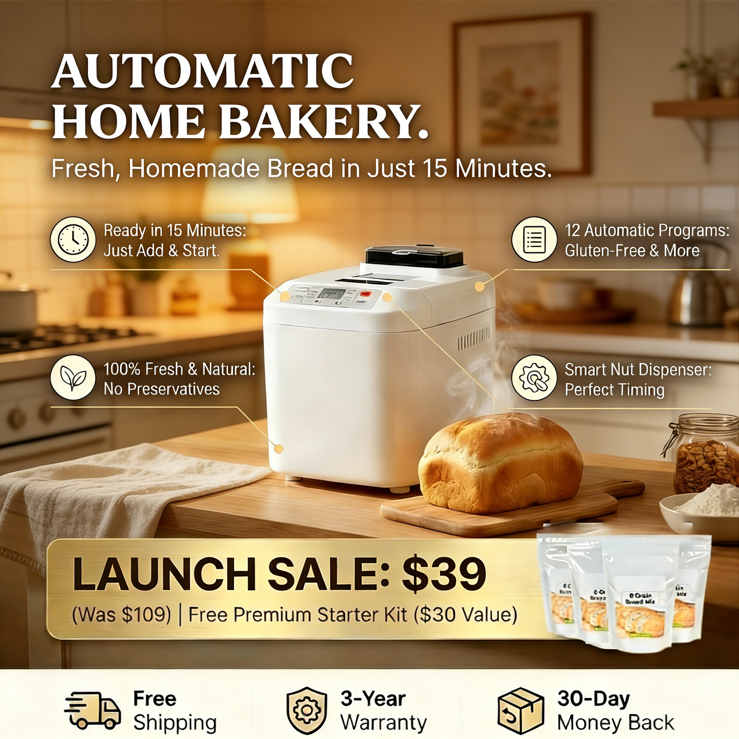 LoafCraft ™ Effortless Home Bakery: 15-in-1 Smart Bread Maker with Auto Dispenser