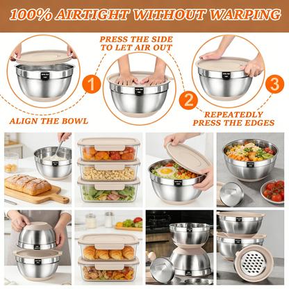 Stainless Steel Mixing Bowls Set with Airtight Lids & Kitchen Accessories