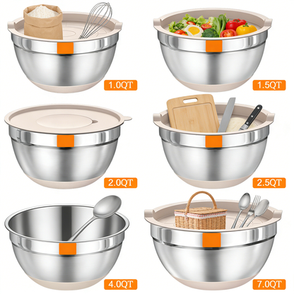 Stainless Steel Mixing Bowls Set with Airtight Lids & Kitchen Accessories