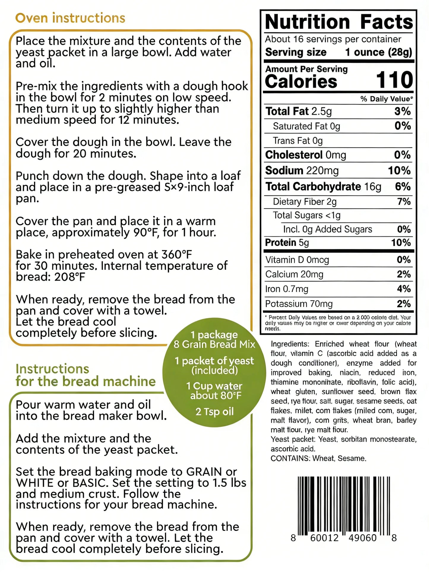 4-Pack 8 Grain Bread Mix, All-Natural, for Bread Machine & Oven