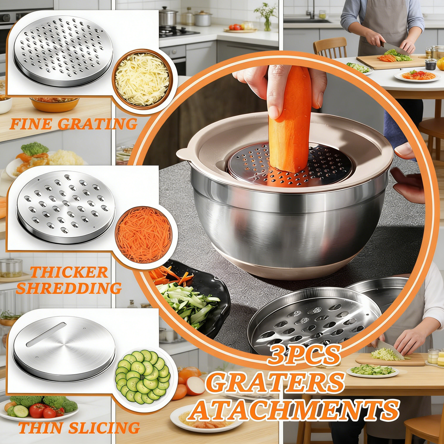 Stainless Steel Mixing Bowls Set with Airtight Lids & Kitchen Accessories