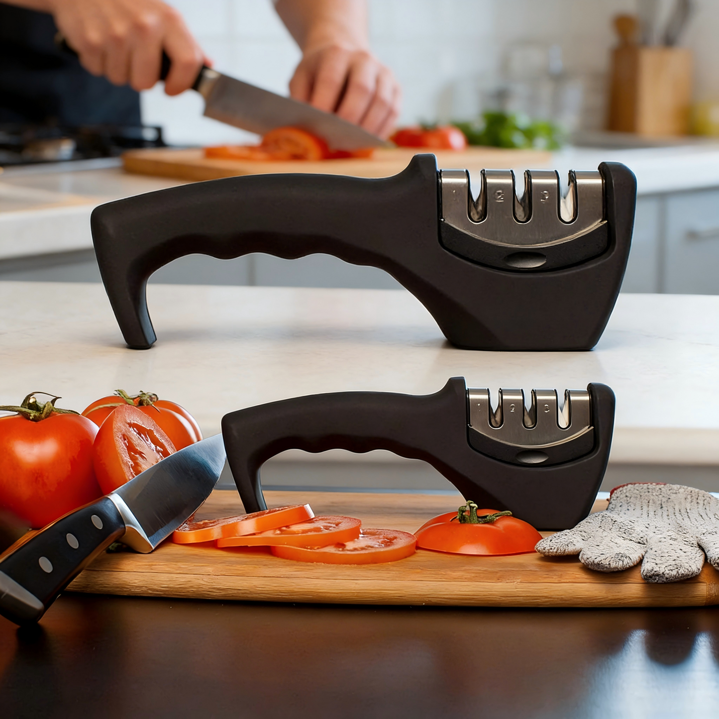 4-Stage Knife Sharpener with Cut-Resistant Glove, Professional Kitchen Sharpening Tool